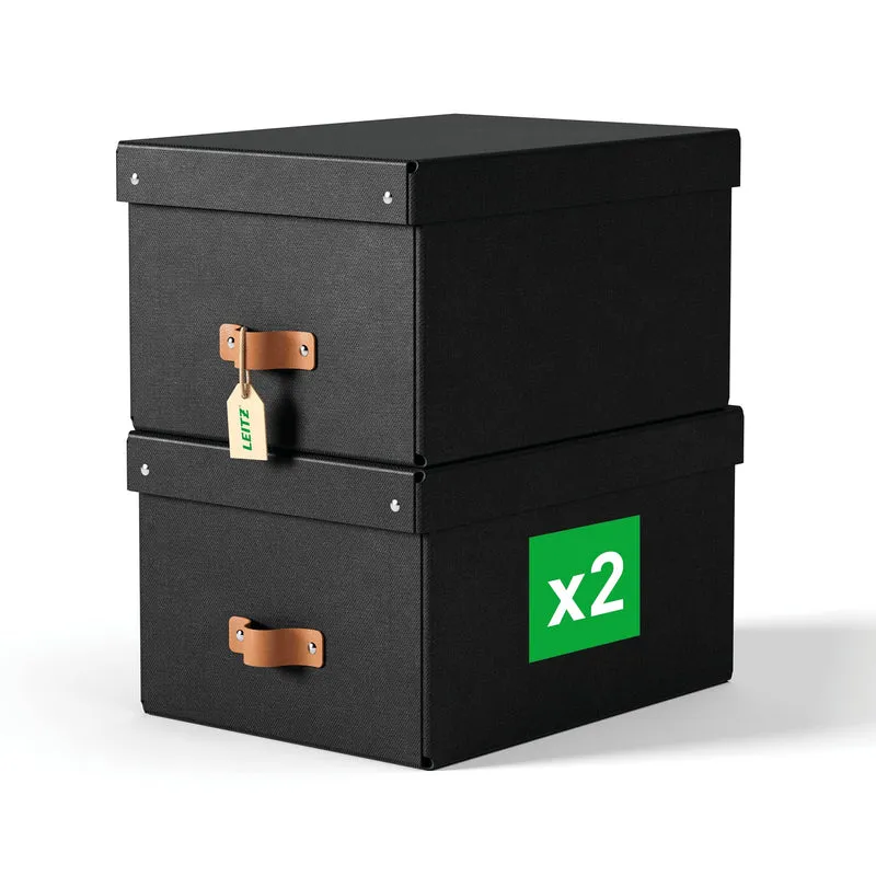 axisgo - Leitz Puro Aufbewahrungsbox mit Deckel, Medium, 2er-Set, Box 17 L, stapelbar, Organizer-Box für Regale und Schränke, FSC-Karton, für Büro und Home Office, 26 x 35 x 20 cm, Schwarz, 61490095
