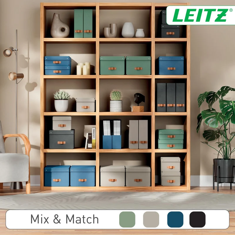 axisgo - Leitz Puro Aufbewahrungsbox mit Deckel, Medium, 2er-Set, Box 17 L, stapelbar, Organizer-Box für Regale und Schränke, FSC-Karton, für Büro und Home Office, 26 x 35 x 20 cm, Schwarz, 61490095