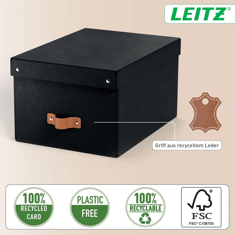 axisgo - Leitz Puro Aufbewahrungsbox mit Deckel, Medium, 2er-Set, Box 17 L, stapelbar, Organizer-Box für Regale und Schränke, FSC-Karton, für Büro und Home Office, 26 x 35 x 20 cm, Schwarz, 61490095
