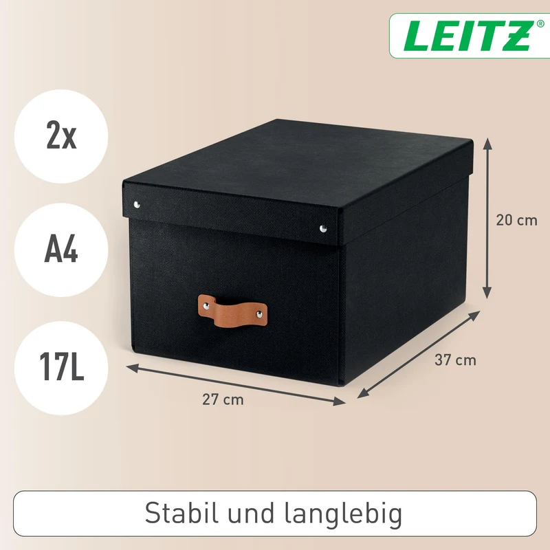 axisgo - Leitz Puro Aufbewahrungsbox mit Deckel, Medium, 2er-Set, Box 17 L, stapelbar, Organizer-Box für Regale und Schränke, FSC-Karton, für Büro und Home Office, 26 x 35 x 20 cm, Schwarz, 61490095