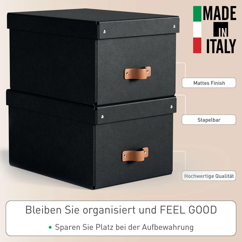 axisgo - Leitz Puro Aufbewahrungsbox mit Deckel, Medium, 2er-Set, Box 17 L, stapelbar, Organizer-Box für Regale und Schränke, FSC-Karton, für Büro und Home Office, 26 x 35 x 20 cm, Schwarz, 61490095