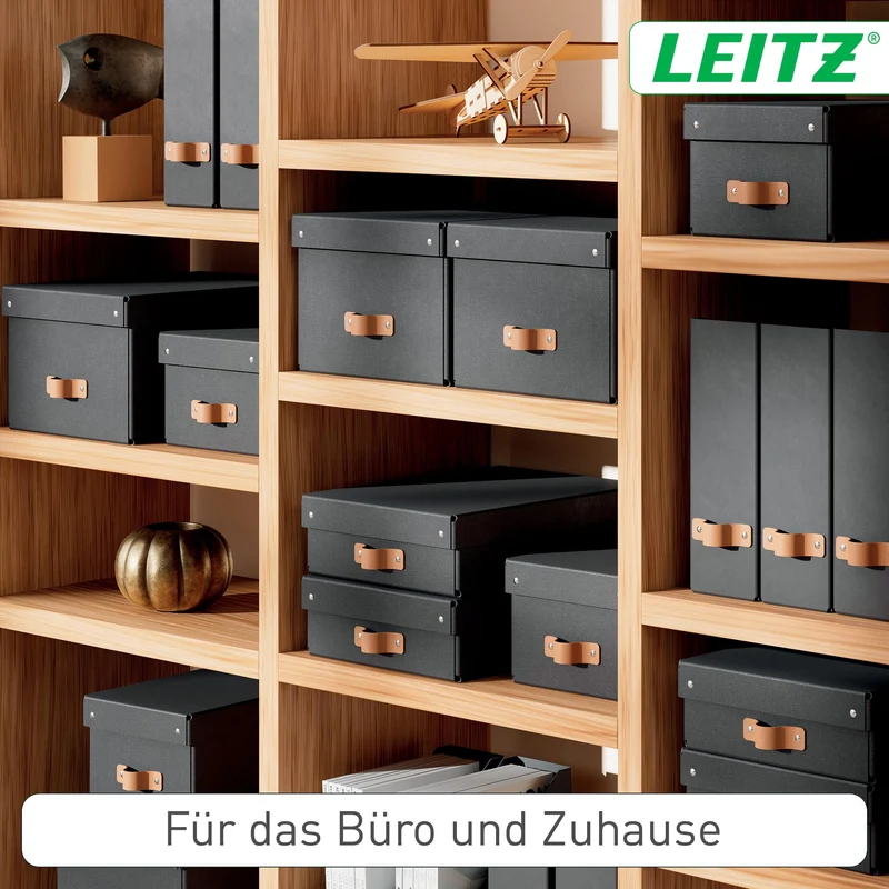 axisgo - Leitz Puro Aufbewahrungsbox mit Deckel, Medium, 2er-Set, Box 17 L, stapelbar, Organizer-Box für Regale und Schränke, FSC-Karton, für Büro und Home Office, 26 x 35 x 20 cm, Schwarz, 61490095