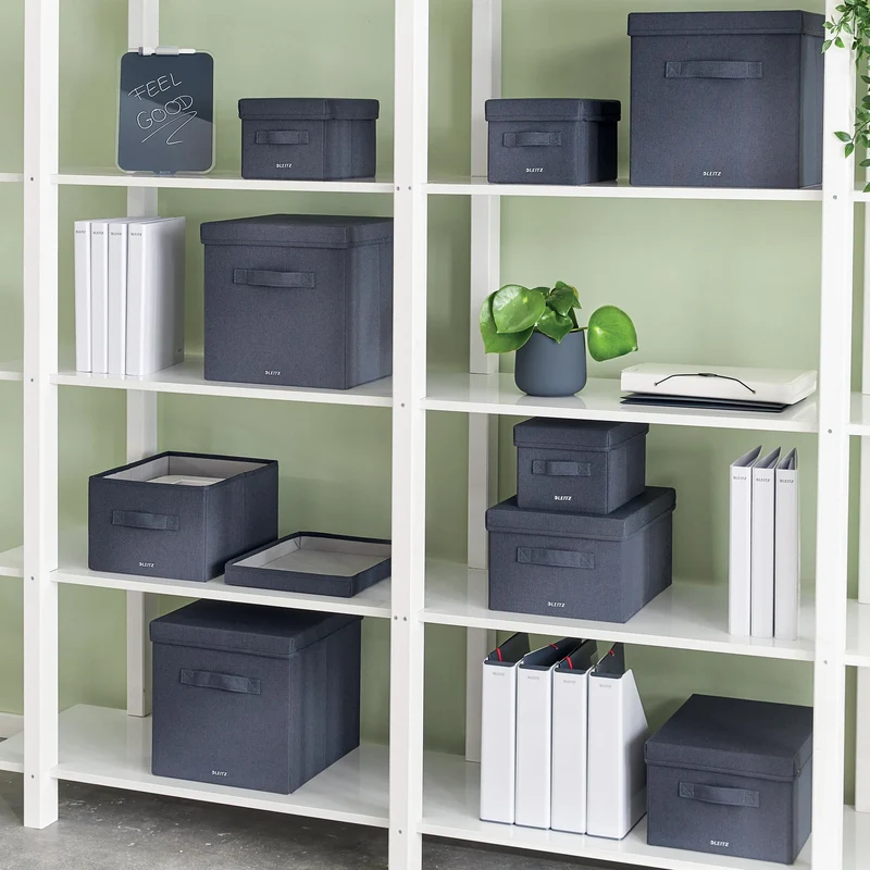 axisgo - Leitz Aufbewahrungsbox mit Deckel aus Stoff Klein, 2er-Set Organisationsboxen, Universell, faltbar & umweltfreundlich, Organizer für Büro, Haushalt, Küche & Schule, Grau, 61460089