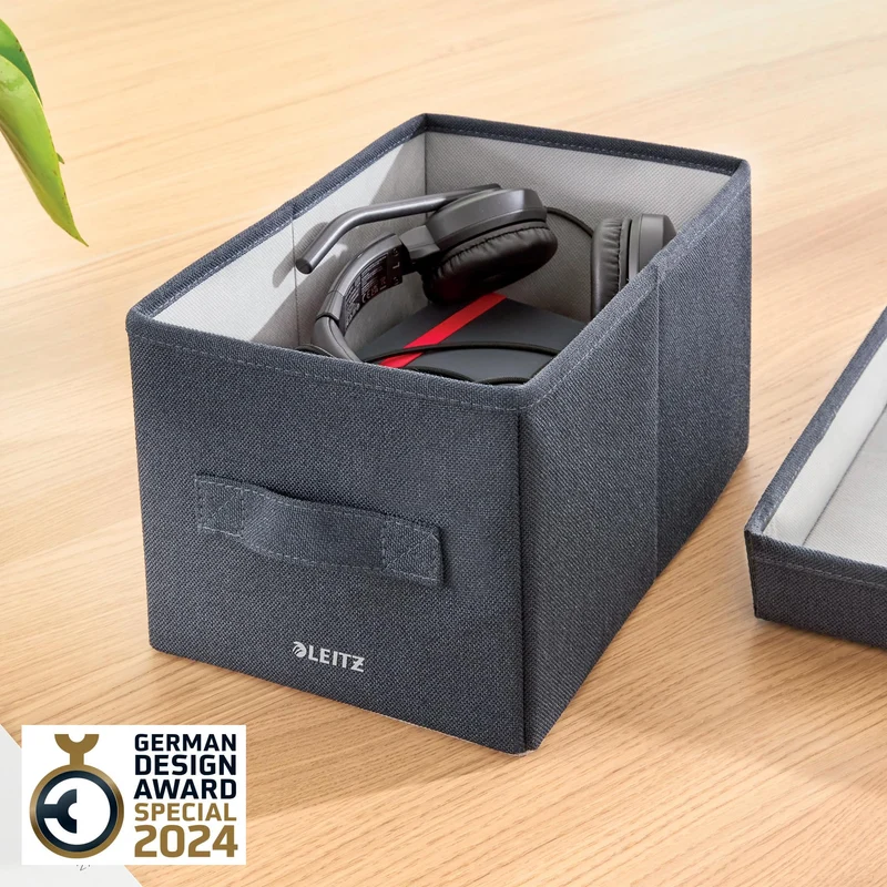axisgo - Leitz Aufbewahrungsbox mit Deckel aus Stoff Klein, 2er-Set Organisationsboxen, Universell, faltbar & umweltfreundlich, Organizer für Büro, Haushalt, Küche & Schule, Grau, 61460089