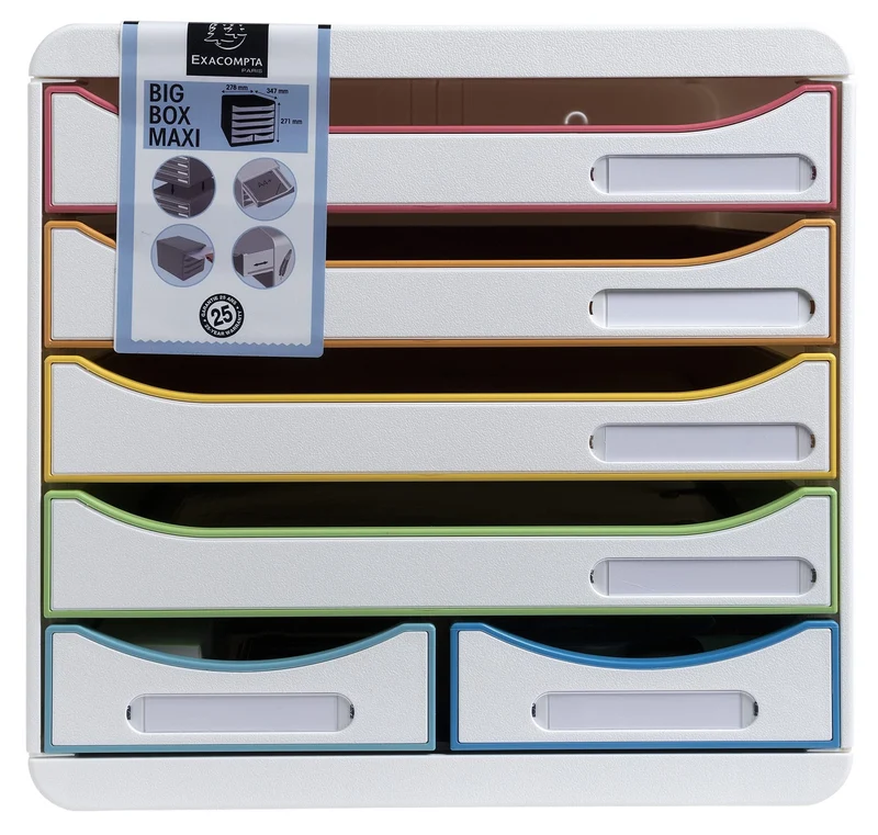 axisgo - Exacompta 312913D Ablagebox Harlekin aus Recycling-Kunststoff mit 4 Schubladen für DIN A+ und 2 Schubladen für Utensilien. Belastbare Schubladenbox für mehr Platz. Blauer Engel Big Box Maxi weiß|bunt