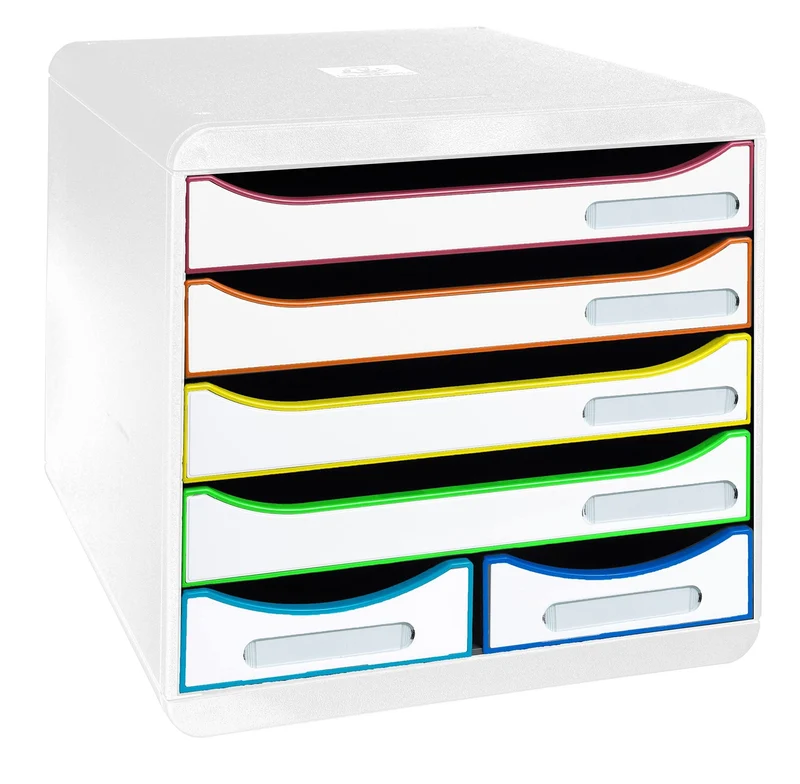 axisgo - Exacompta 312913D Ablagebox Harlekin aus Recycling-Kunststoff mit 4 Schubladen für DIN A+ und 2 Schubladen für Utensilien. Belastbare Schubladenbox für mehr Platz. Blauer Engel Big Box Maxi weiß|bunt