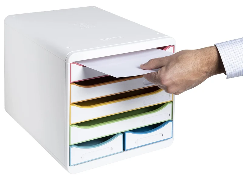 axisgo - Exacompta 312913D Ablagebox Harlekin aus Recycling-Kunststoff mit 4 Schubladen für DIN A+ und 2 Schubladen für Utensilien. Belastbare Schubladenbox für mehr Platz. Blauer Engel Big Box Maxi weiß|bunt