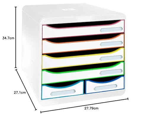 axisgo - Exacompta 312913D Ablagebox Harlekin aus Recycling-Kunststoff mit 4 Schubladen für DIN A+ und 2 Schubladen für Utensilien. Belastbare Schubladenbox für mehr Platz. Blauer Engel Big Box Maxi weiß|bunt