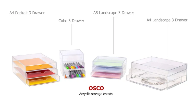 axisgo - OSCO A3TSL Magazin mit 3 Schubladen aus klarem Acryl im Querformat farblos