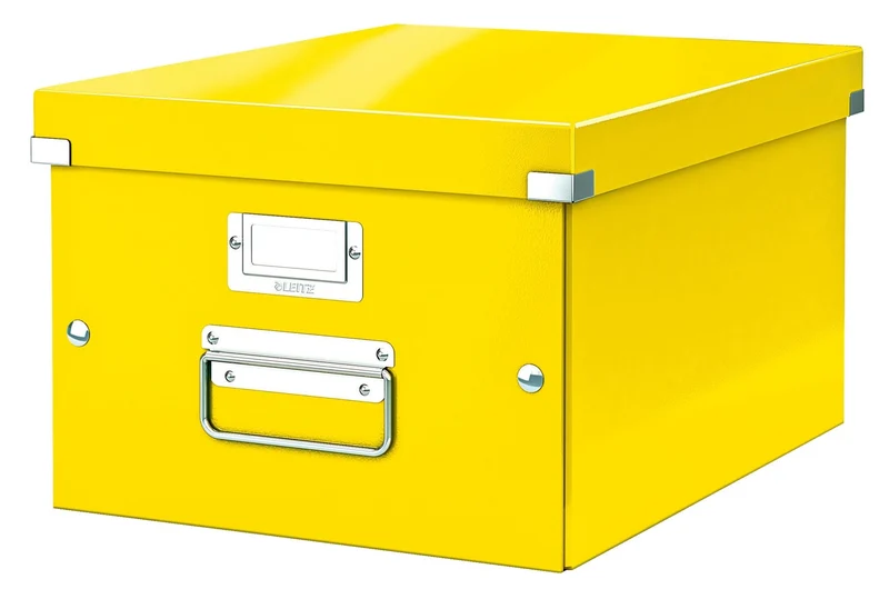 axisgo - Leitz Click & Store Aufbewahrungsbox mit Deckel Mittel-Groß, Box für Unterlagen bis A4 im Büro u. Haushalt, Transportbox aus 85 % recycelter Premium-Hartpappe, Stabile Metallgriffe, Gelb, 60440016