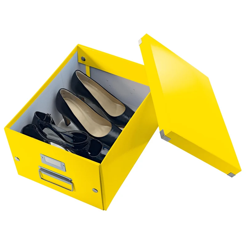 axisgo - Leitz Click & Store Aufbewahrungsbox mit Deckel Mittel-Groß, Box für Unterlagen bis A4 im Büro u. Haushalt, Transportbox aus 85 % recycelter Premium-Hartpappe, Stabile Metallgriffe, Gelb, 60440016