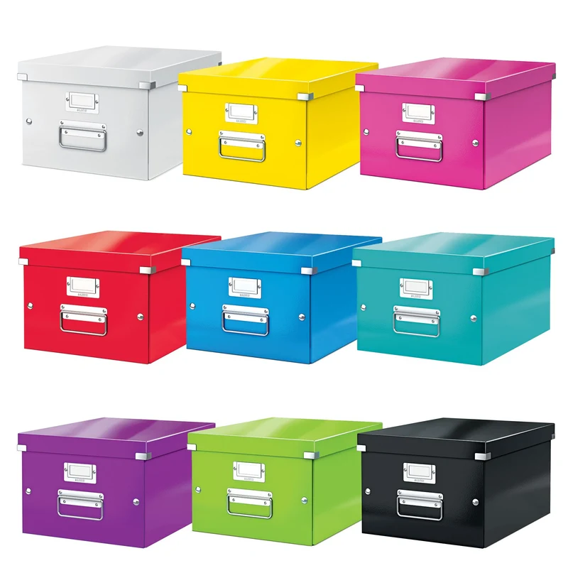 axisgo - Leitz Click & Store Aufbewahrungsbox mit Deckel Mittel-Groß, Box für Unterlagen bis A4 im Büro u. Haushalt, Transportbox aus 85 % recycelter Premium-Hartpappe, Stabile Metallgriffe, Gelb, 60440016