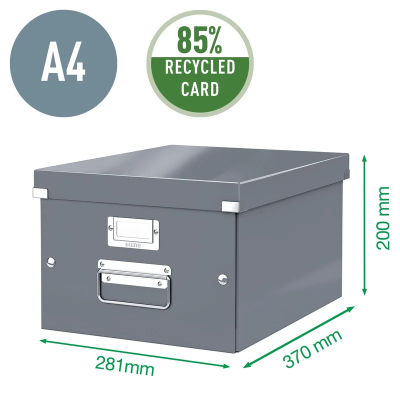 axisgo - Leitz Click & Store Aufbewahrungsbox mit Deckel Mittel-Groß, Box für Unterlagen bis A4 im Büro u. Haushalt, Transportbox aus 85 % recycelter Premium-Hartpappe, Stabile Metallgriffe, Gelb, 60440016