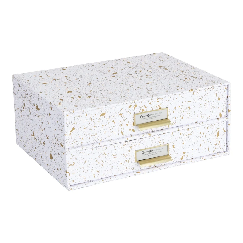 axisgo - BIGSO BIRGER Schubladenbox – Aufbewahrungsbox mit 2 Schubladen – Schreibtisch Ablage für Dokumente & Bürobedarf – Ablagesystem aus recycelter Faserplatte und Papier – gold gesprenkelt
