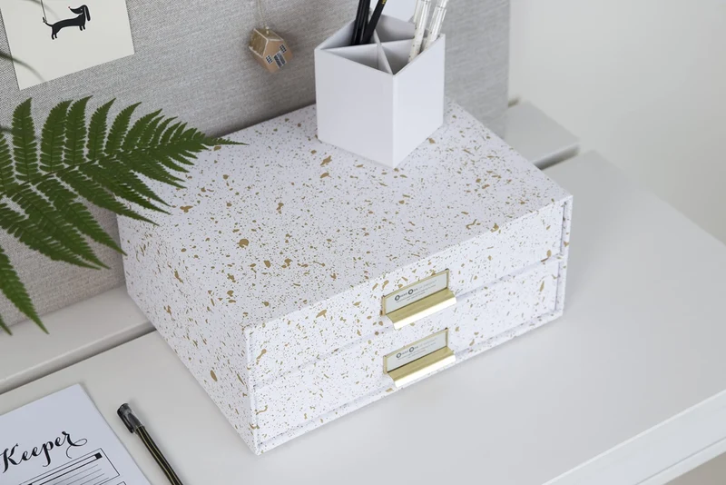 axisgo - BIGSO BIRGER Schubladenbox – Aufbewahrungsbox mit 2 Schubladen – Schreibtisch Ablage für Dokumente & Bürobedarf – Ablagesystem aus recycelter Faserplatte und Papier – gold gesprenkelt