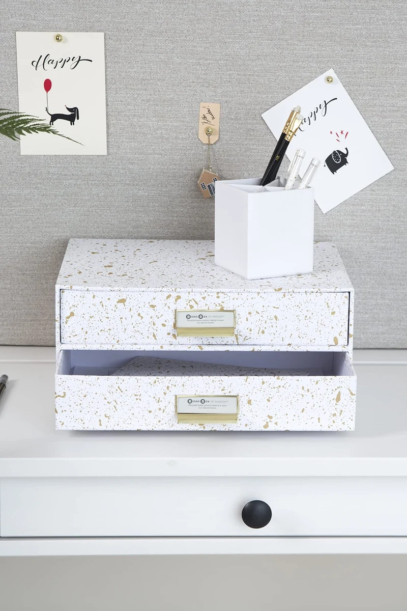 axisgo - BIGSO BIRGER Schubladenbox – Aufbewahrungsbox mit 2 Schubladen – Schreibtisch Ablage für Dokumente & Bürobedarf – Ablagesystem aus recycelter Faserplatte und Papier – gold gesprenkelt