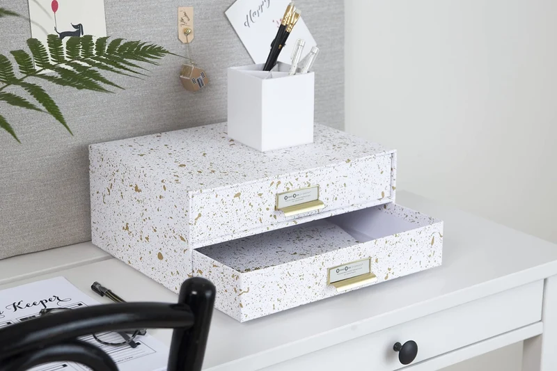 axisgo - BIGSO BIRGER Schubladenbox – Aufbewahrungsbox mit 2 Schubladen – Schreibtisch Ablage für Dokumente & Bürobedarf – Ablagesystem aus recycelter Faserplatte und Papier – gold gesprenkelt