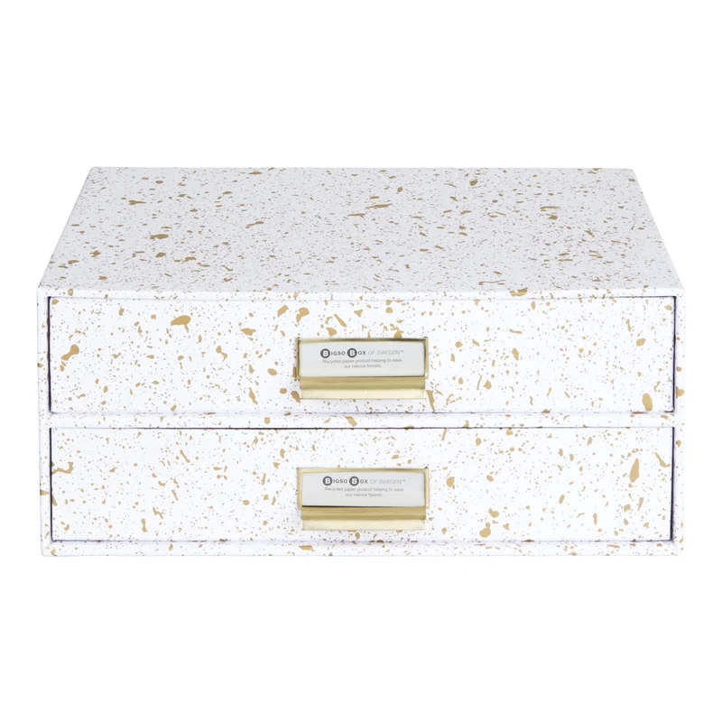 axisgo - BIGSO BIRGER Schubladenbox – Aufbewahrungsbox mit 2 Schubladen – Schreibtisch Ablage für Dokumente & Bürobedarf – Ablagesystem aus recycelter Faserplatte und Papier – gold gesprenkelt