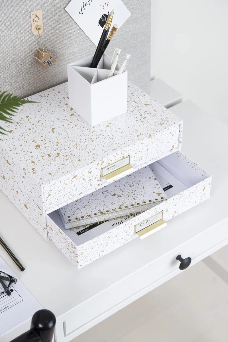 axisgo - BIGSO BIRGER Schubladenbox – Aufbewahrungsbox mit 2 Schubladen – Schreibtisch Ablage für Dokumente & Bürobedarf – Ablagesystem aus recycelter Faserplatte und Papier – gold gesprenkelt