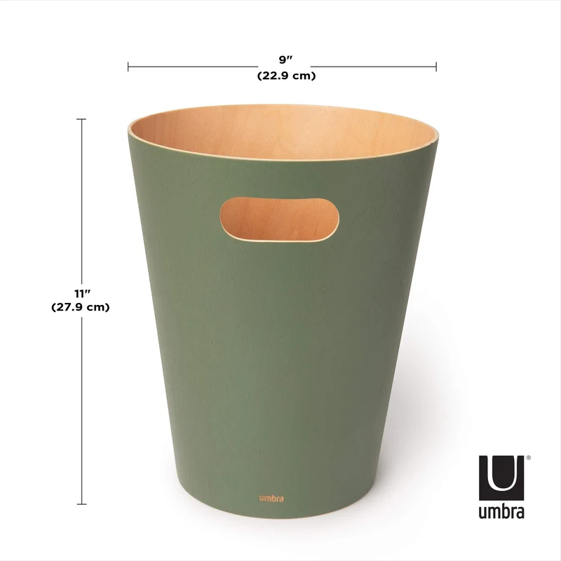 axisgo - Umbra Woodrow Abfalleimer – Zweifarbiger Holz Papierkorb für Büro, Badezimmer, Wohnzimmer und Mehr, 7,5l Fassungsvermögen, Salbei