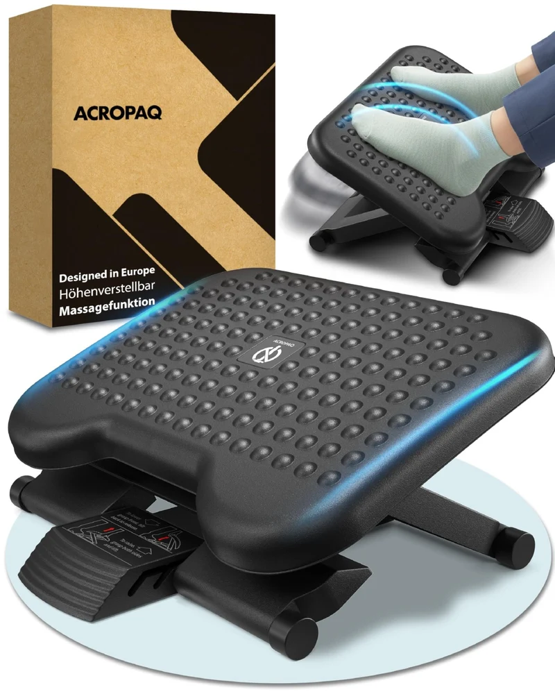 axisgo - ACROPAQ Fußstütze Schreibtisch - Fußstütze mit 3 verstellbaren Höhen, Massagefunktion, neigbar von -30° bis +30° für maximalen Komfort - Fusshocker, Stehmatte schreibtisch, Fußbank
