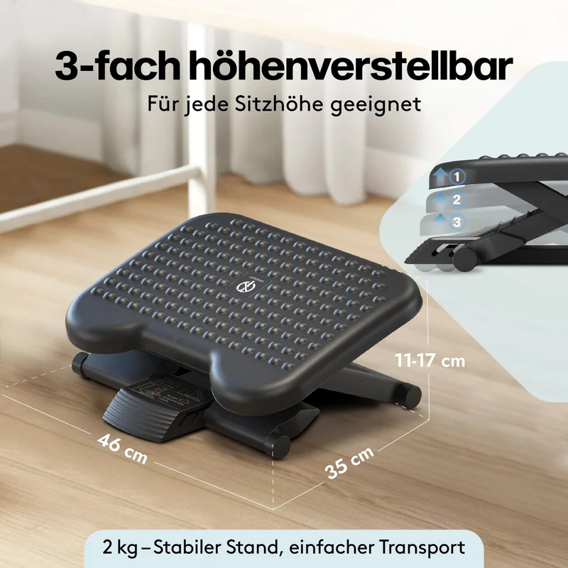 axisgo - ACROPAQ Fußstütze Schreibtisch - Fußstütze mit 3 verstellbaren Höhen, Massagefunktion, neigbar von -30° bis +30° für maximalen Komfort - Fusshocker, Stehmatte schreibtisch, Fußbank