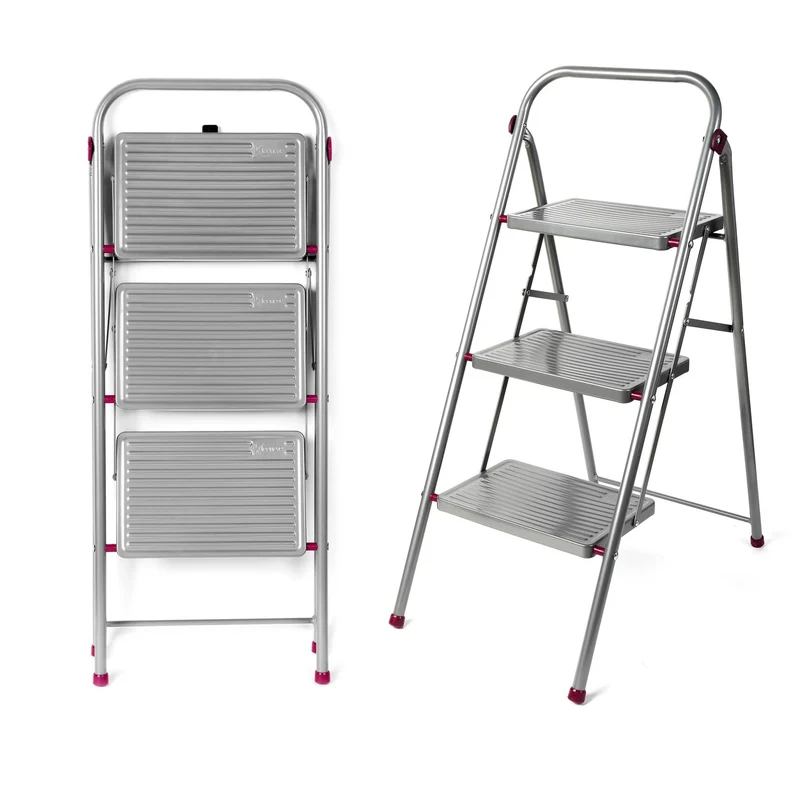 axisgo - Kleeneze zusammenklappbare 3-stufige Trittleiter, leichte Klappleiter für Heimwerker, sicheres Arbeiten, rutschfeste Trittstufen, robuster Stahl, Sicherheitsclip, 105 cm, rosa/grau, Tragkraft 150 kg