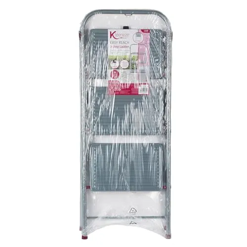 axisgo - Kleeneze zusammenklappbare 3-stufige Trittleiter, leichte Klappleiter für Heimwerker, sicheres Arbeiten, rutschfeste Trittstufen, robuster Stahl, Sicherheitsclip, 105 cm, rosa/grau, Tragkraft 150 kg