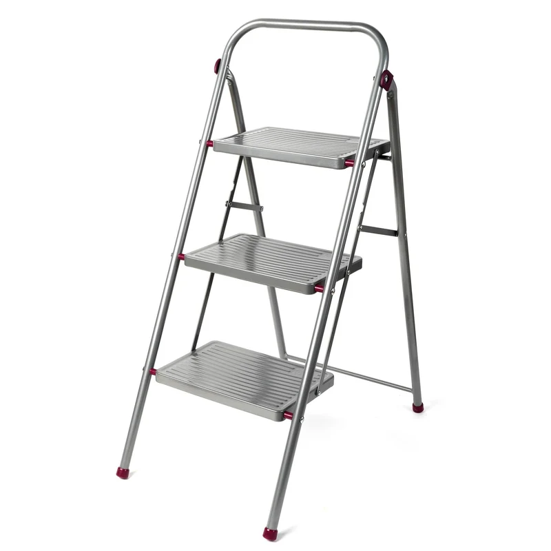 axisgo - Kleeneze zusammenklappbare 3-stufige Trittleiter, leichte Klappleiter für Heimwerker, sicheres Arbeiten, rutschfeste Trittstufen, robuster Stahl, Sicherheitsclip, 105 cm, rosa/grau, Tragkraft 150 kg