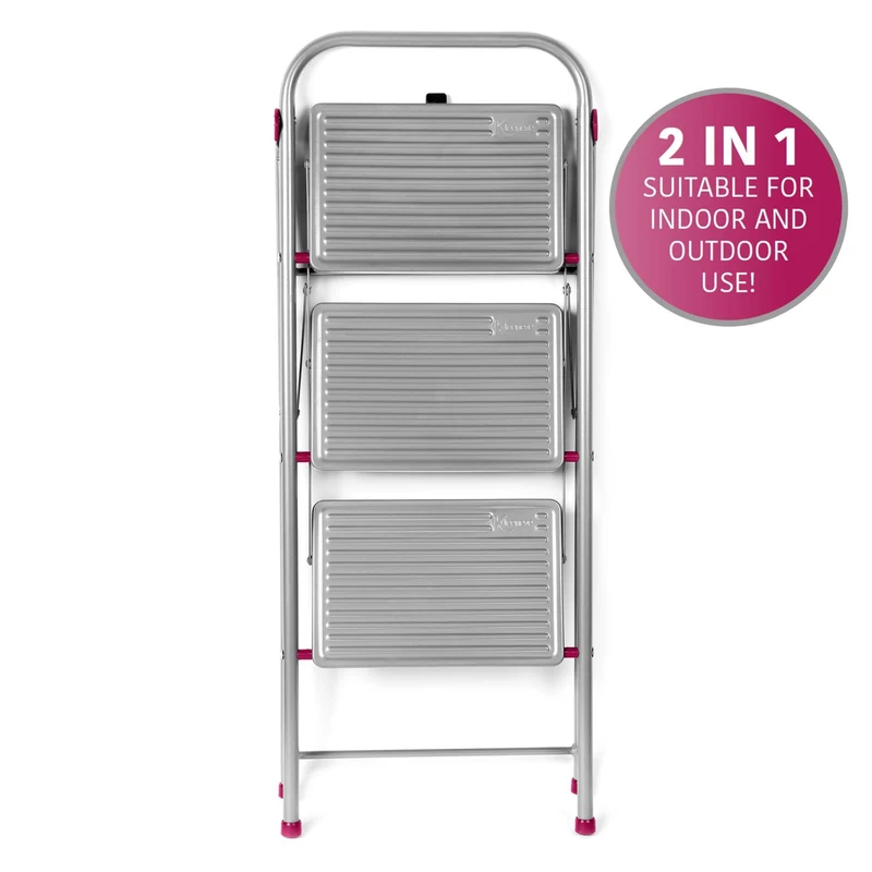 axisgo - Kleeneze zusammenklappbare 3-stufige Trittleiter, leichte Klappleiter für Heimwerker, sicheres Arbeiten, rutschfeste Trittstufen, robuster Stahl, Sicherheitsclip, 105 cm, rosa/grau, Tragkraft 150 kg