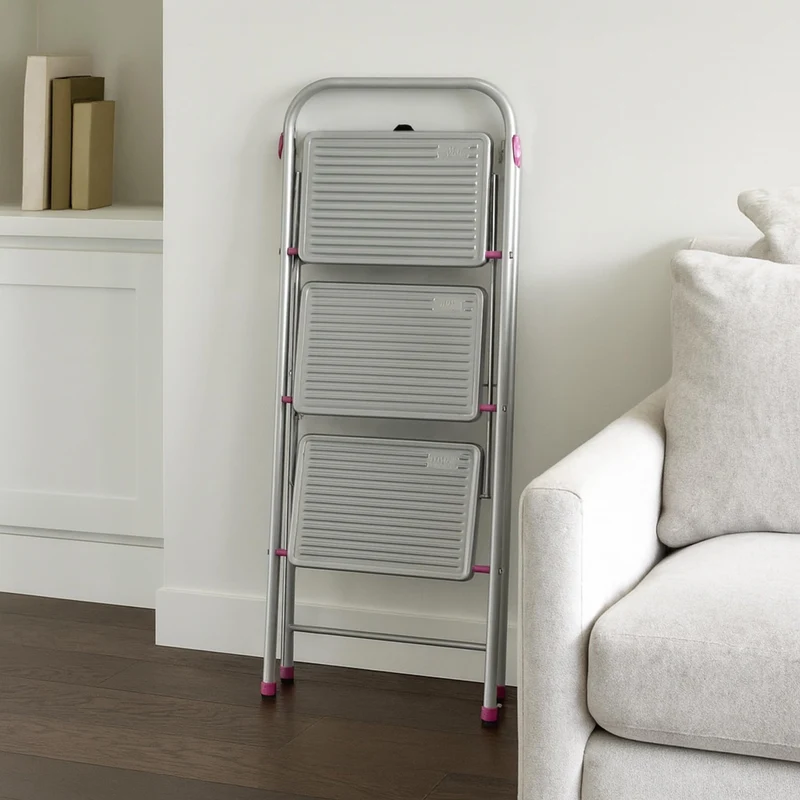 axisgo - Kleeneze zusammenklappbare 3-stufige Trittleiter, leichte Klappleiter für Heimwerker, sicheres Arbeiten, rutschfeste Trittstufen, robuster Stahl, Sicherheitsclip, 105 cm, rosa/grau, Tragkraft 150 kg