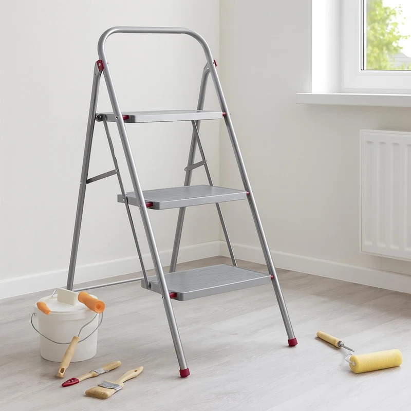 axisgo - Kleeneze zusammenklappbare 3-stufige Trittleiter, leichte Klappleiter für Heimwerker, sicheres Arbeiten, rutschfeste Trittstufen, robuster Stahl, Sicherheitsclip, 105 cm, rosa/grau, Tragkraft 150 kg