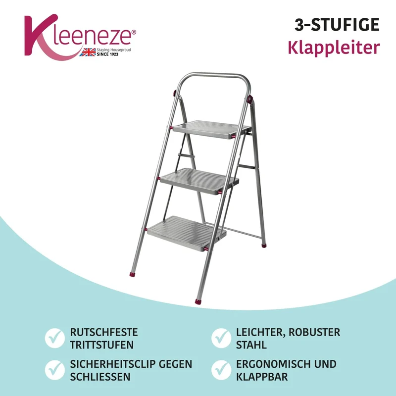 axisgo - Kleeneze zusammenklappbare 3-stufige Trittleiter, leichte Klappleiter für Heimwerker, sicheres Arbeiten, rutschfeste Trittstufen, robuster Stahl, Sicherheitsclip, 105 cm, rosa/grau, Tragkraft 150 kg