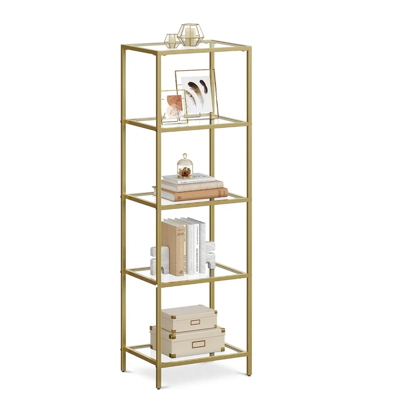 axisgo - VASAGLE Regal mit 5 Ablagen, Badregal, gehärtetes Glas, einfache Montage, für Badezimmer, Wohnzimmer, Küche, Büro, transparent-metallisches Gold LGT029A01
