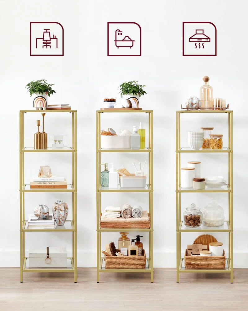 axisgo - VASAGLE Regal mit 5 Ablagen, Badregal, gehärtetes Glas, einfache Montage, für Badezimmer, Wohnzimmer, Küche, Büro, transparent-metallisches Gold LGT029A01