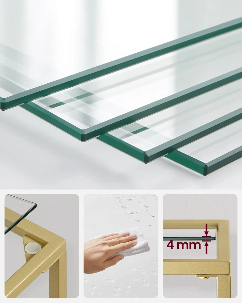 axisgo - VASAGLE Regal mit 5 Ablagen, Badregal, gehärtetes Glas, einfache Montage, für Badezimmer, Wohnzimmer, Küche, Büro, transparent-metallisches Gold LGT029A01