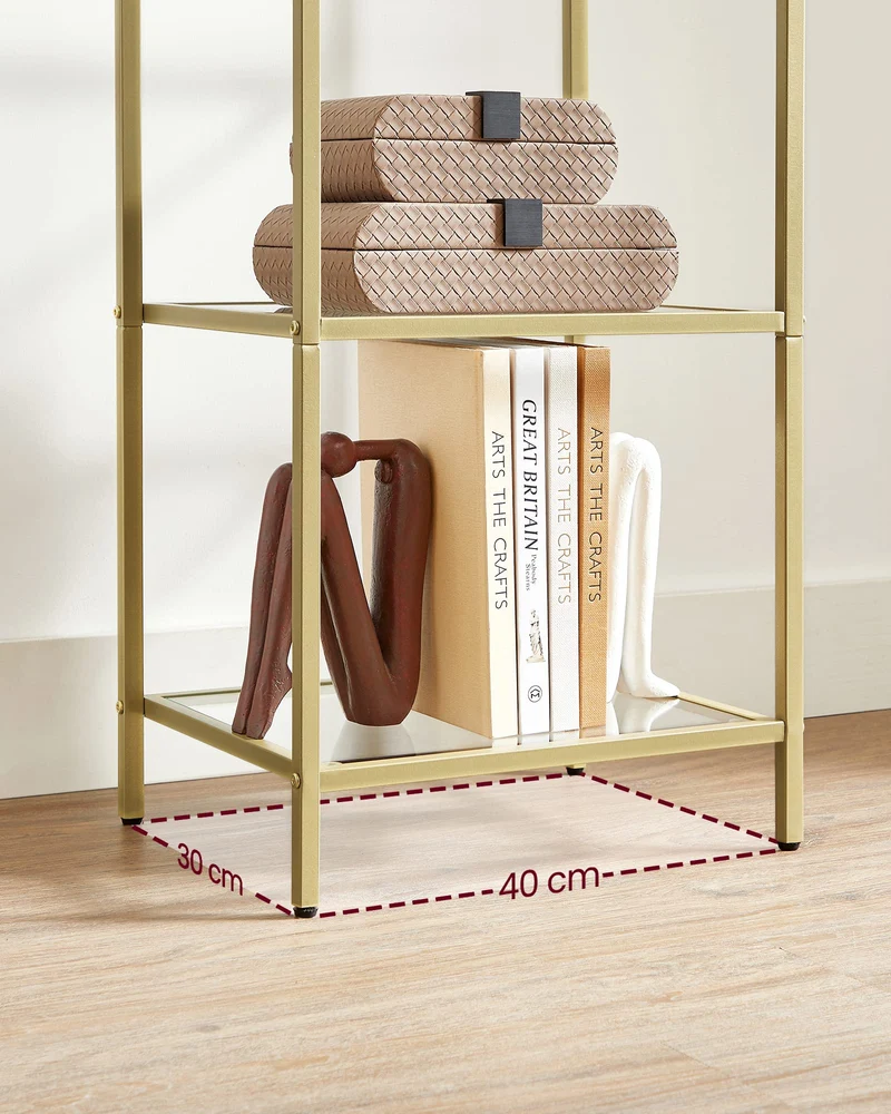 axisgo - VASAGLE Regal mit 5 Ablagen, Badregal, gehärtetes Glas, einfache Montage, für Badezimmer, Wohnzimmer, Küche, Büro, transparent-metallisches Gold LGT029A01