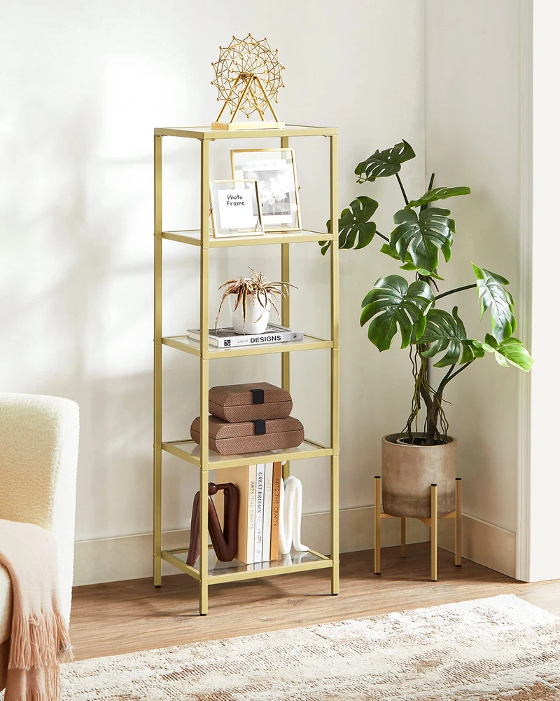 axisgo - VASAGLE Regal mit 5 Ablagen, Badregal, gehärtetes Glas, einfache Montage, für Badezimmer, Wohnzimmer, Küche, Büro, transparent-metallisches Gold LGT029A01