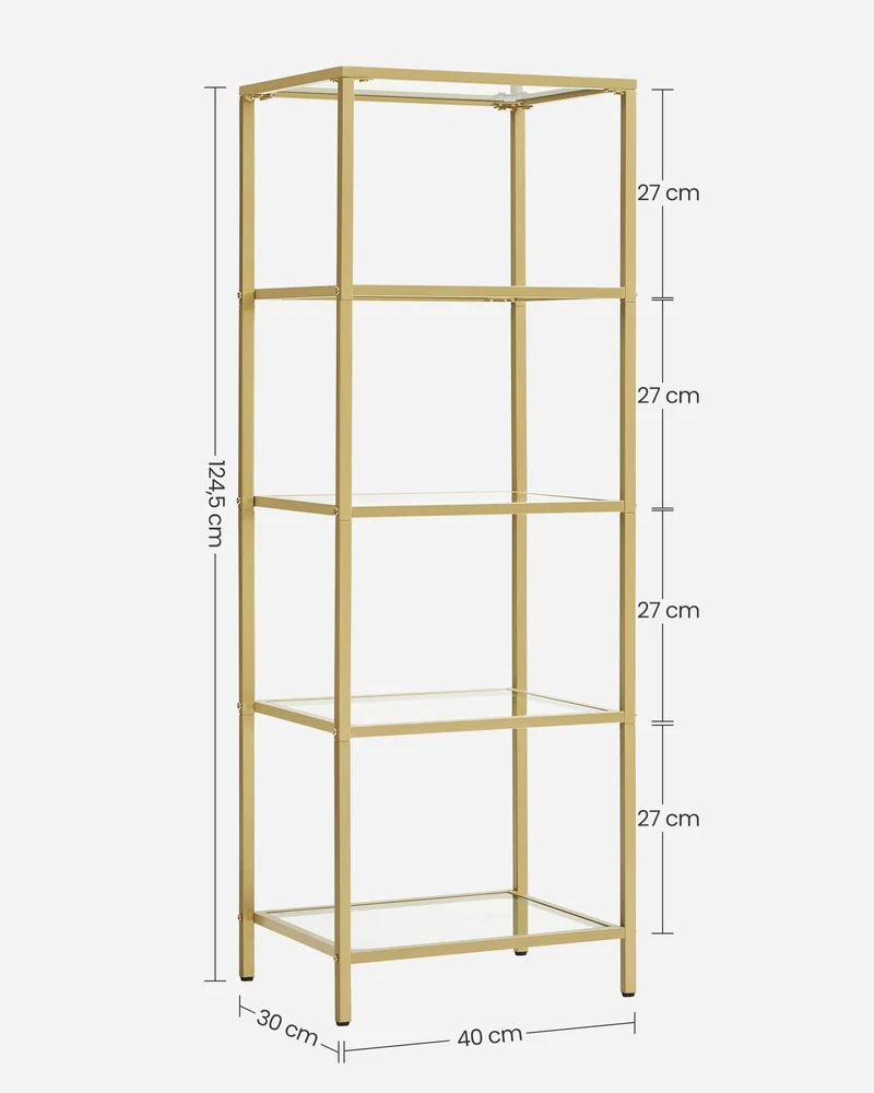 axisgo - VASAGLE Regal mit 5 Ablagen, Badregal, gehärtetes Glas, einfache Montage, für Badezimmer, Wohnzimmer, Küche, Büro, transparent-metallisches Gold LGT029A01