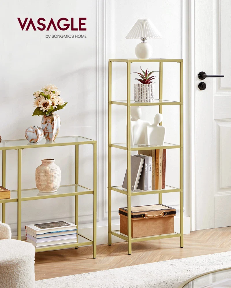 axisgo - VASAGLE Regal mit 5 Ablagen, Badregal, gehärtetes Glas, einfache Montage, für Badezimmer, Wohnzimmer, Küche, Büro, transparent-metallisches Gold LGT029A01