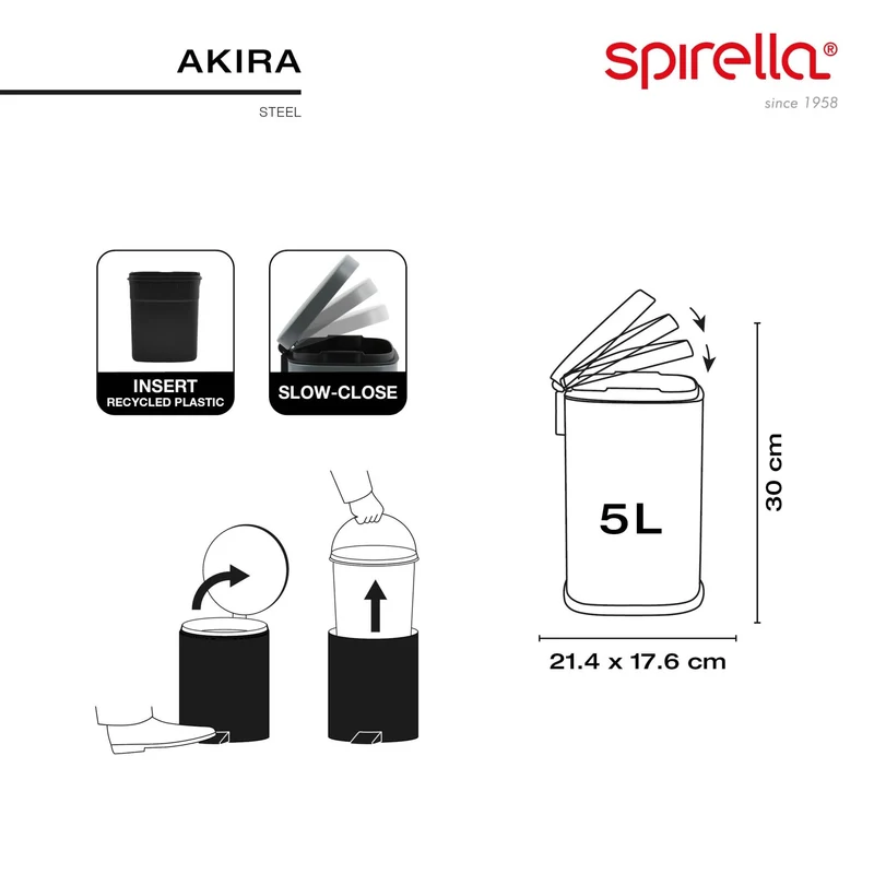 axisgo - Spirella - Badezimmer Mülleimer mit Fußpedal Modell Akira - Hochwertiger Edelstahl - Leise Schließfunktion Easy-Close - Gebürstetes Gold - 5L - Badaccessoires