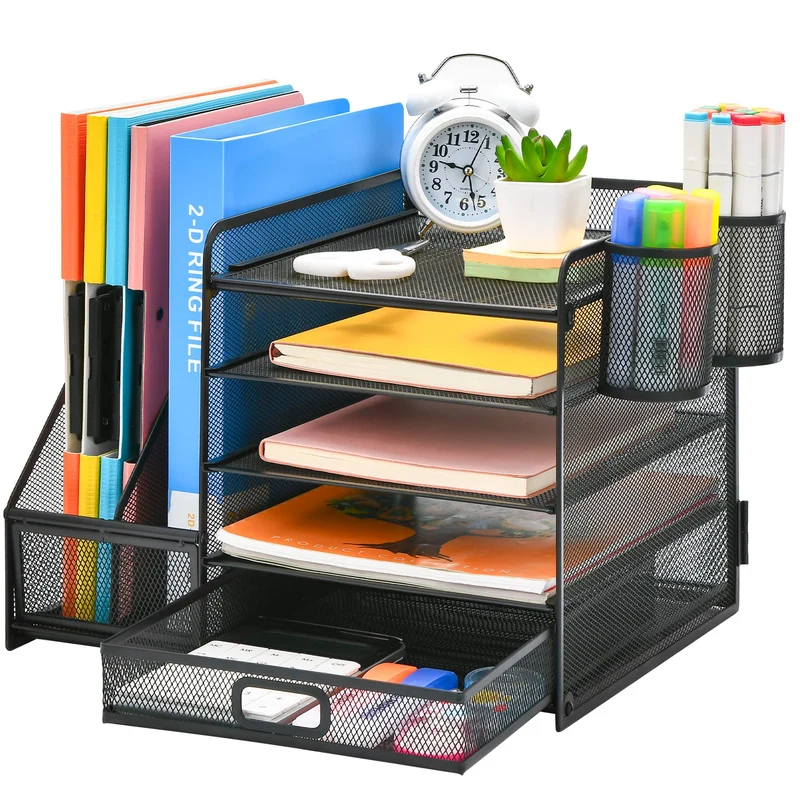 axisgo - Marbrasse Schreibtisch Organizer mit Aktenhalter, 5 Ebenen Papier Briefablage mit Schublade und 2 Stiftehalter,Schreibtisch Netz Ablagefächer Organizer mit für Büro Bedarf (Schwarz)