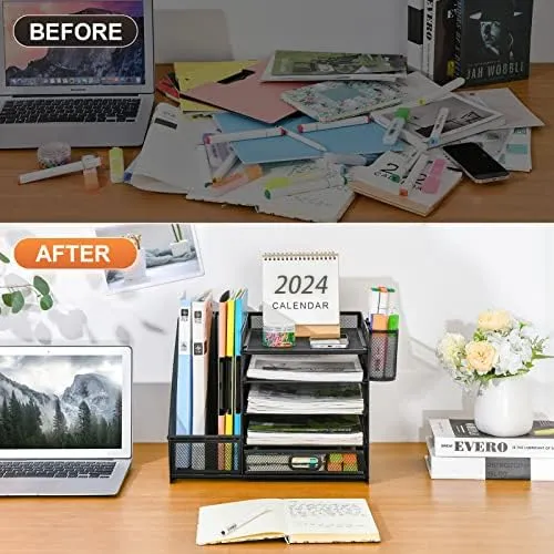 axisgo - Marbrasse Schreibtisch Organizer mit Aktenhalter, 5 Ebenen Papier Briefablage mit Schublade und 2 Stiftehalter,Schreibtisch Netz Ablagefächer Organizer mit für Büro Bedarf (Schwarz)