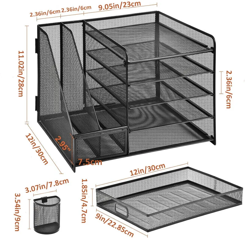 axisgo - Marbrasse Schreibtisch Organizer mit Aktenhalter, 5 Ebenen Papier Briefablage mit Schublade und 2 Stiftehalter,Schreibtisch Netz Ablagefächer Organizer mit für Büro Bedarf (Schwarz)