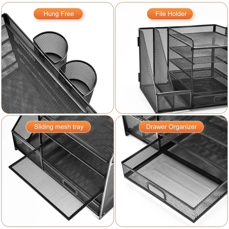 axisgo - Marbrasse Schreibtisch Organizer mit Aktenhalter, 5 Ebenen Papier Briefablage mit Schublade und 2 Stiftehalter,Schreibtisch Netz Ablagefächer Organizer mit für Büro Bedarf (Schwarz)