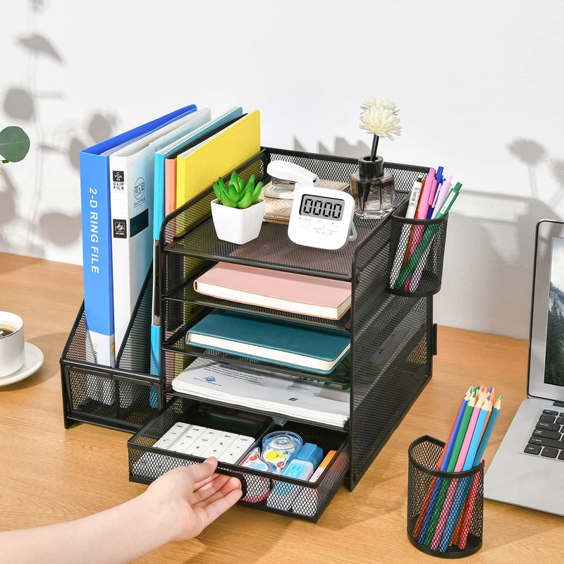 axisgo - Marbrasse Schreibtisch Organizer mit Aktenhalter, 5 Ebenen Papier Briefablage mit Schublade und 2 Stiftehalter,Schreibtisch Netz Ablagefächer Organizer mit für Büro Bedarf (Schwarz)
