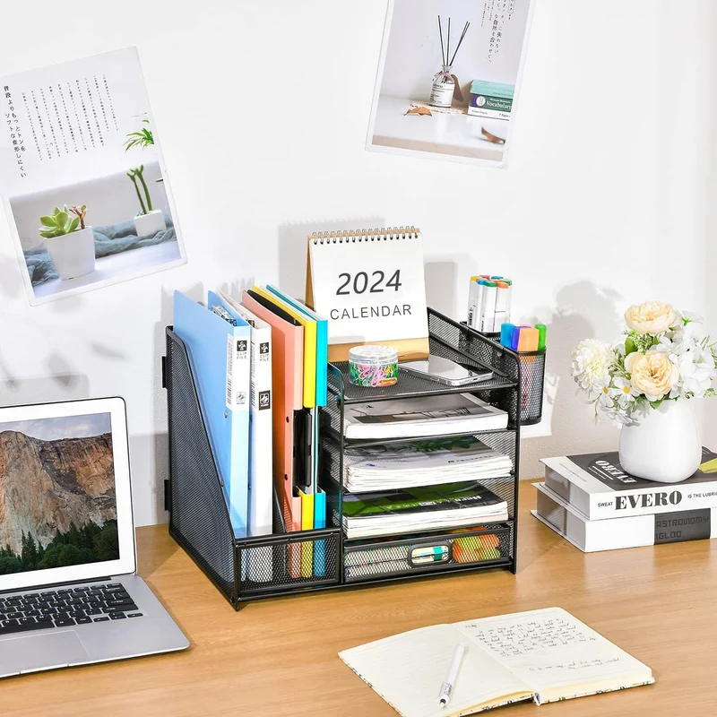 axisgo - Marbrasse Schreibtisch Organizer mit Aktenhalter, 5 Ebenen Papier Briefablage mit Schublade und 2 Stiftehalter,Schreibtisch Netz Ablagefächer Organizer mit für Büro Bedarf (Schwarz)