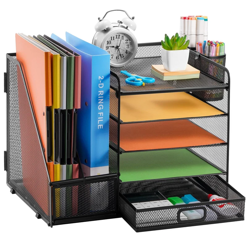 axisgo - Marbrasse Schreibtisch Organizer mit Aktenhalter, 5 Ebenen Papier Briefablage mit Schublade und 2 Stiftehalter,Schreibtisch Netz Ablagefächer Organizer mit für Büro Bedarf (Schwarz)