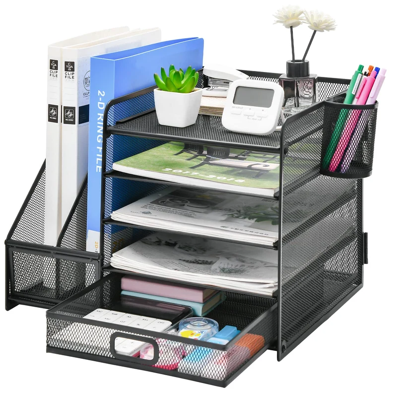 axisgo - Marbrasse Schreibtisch Organizer mit Aktenhalter, 5 Ebenen Papier Briefablage mit Schublade und 2 Stiftehalter,Schreibtisch Netz Ablagefächer Organizer mit für Büro Bedarf (Schwarz)