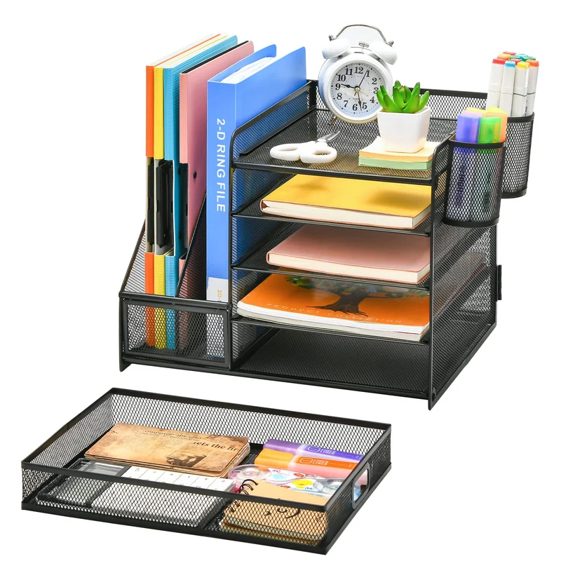 axisgo - Marbrasse Schreibtisch Organizer mit Aktenhalter, 5 Ebenen Papier Briefablage mit Schublade und 2 Stiftehalter,Schreibtisch Netz Ablagefächer Organizer mit für Büro Bedarf (Schwarz)